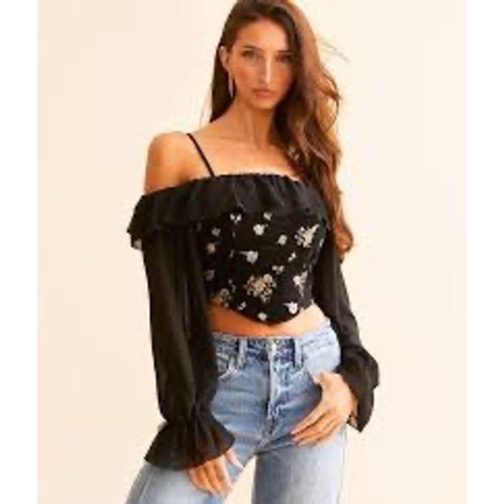 Willow & Root Small Black Floral Crop Top Cottagecore Fairycore Romantic